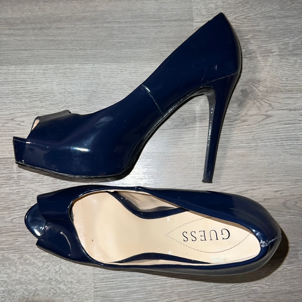 Guess Peep Toe Navy Blue Patent Leather Stiletto Heels 7.5